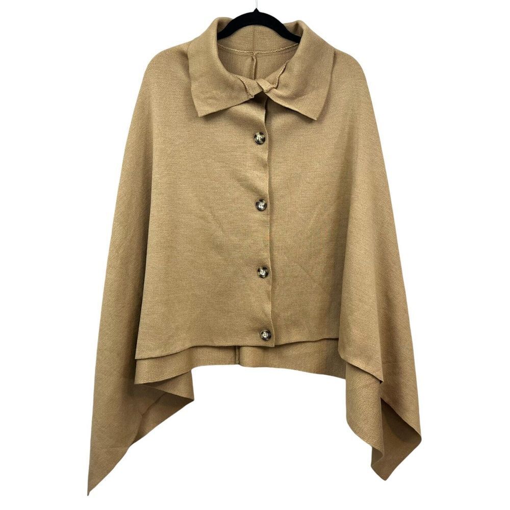 Tavin Womens Knit Poncho Shrug Collared Button Front Tan Size One Size*